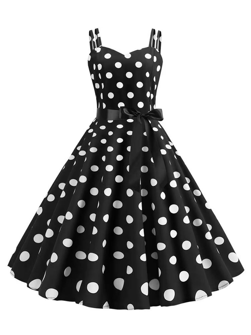 Women Summer Dress Robe Vintage 50S 60S Big Swing Party Rockabilly Dress Sexy Spaghetti Strap Polka Dot Vestidos