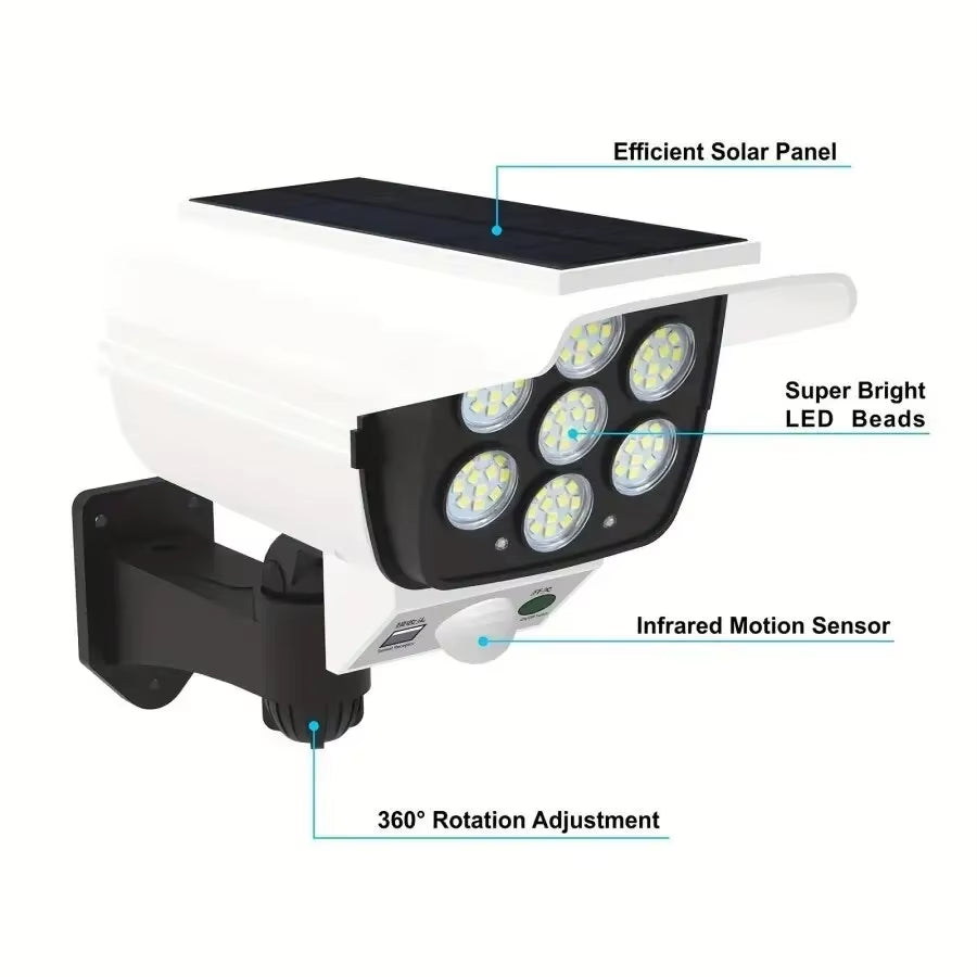 77 LED Outdoor Motion Sensor Solar Lights Floodlight Waterproof Wireless Dummy Decoy Fake Security Camera for Porch Garden Patio