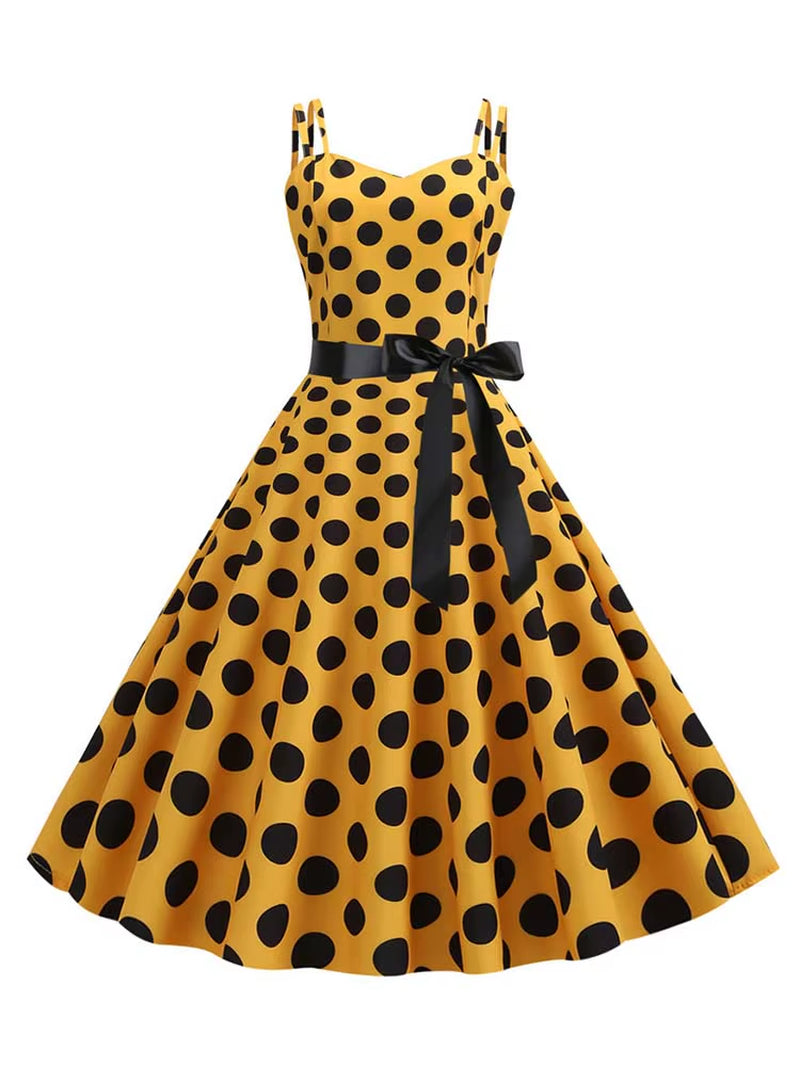 Women Summer Dress Robe Vintage 50S 60S Big Swing Party Rockabilly Dress Sexy Spaghetti Strap Polka Dot Vestidos