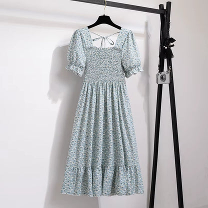 Spring Summer Chiffon Dresses Fashion Female Elastic Waist Short Sleeve Pleated Casual Dress Women A-Line Dresses Vestidos